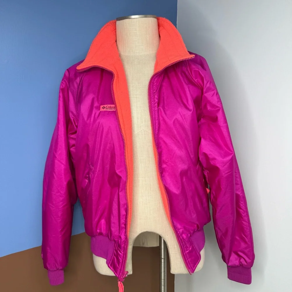 Vintage Columbia Women's Fleece Lined Nylon Jacket Large Fuchsia Pink Orange - Picture 1 of 11